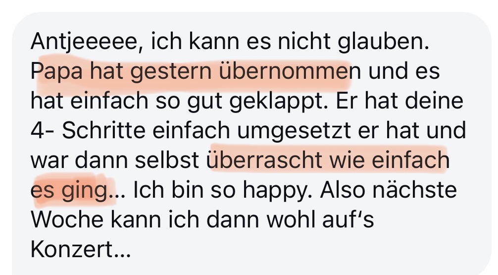 Nachricht einer Mama: Papa hat gestern übernommen und es hat einfach so gut geklappt. Ich bin so happy.